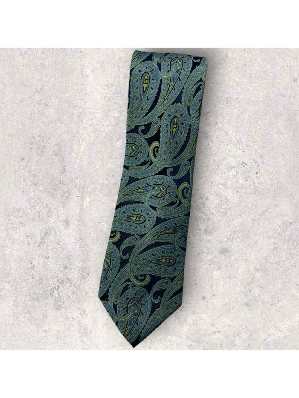 HAINES & BONNER Silk Tie Navy Blue Green Paisley W:3.5" EUC